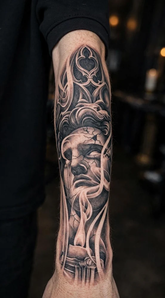 Estatua con grietas, ornamentos y vela en el antebrazo