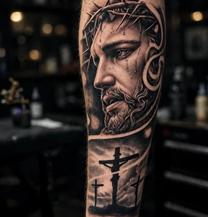 Retrato de Cristo y tres cruces en el brazo