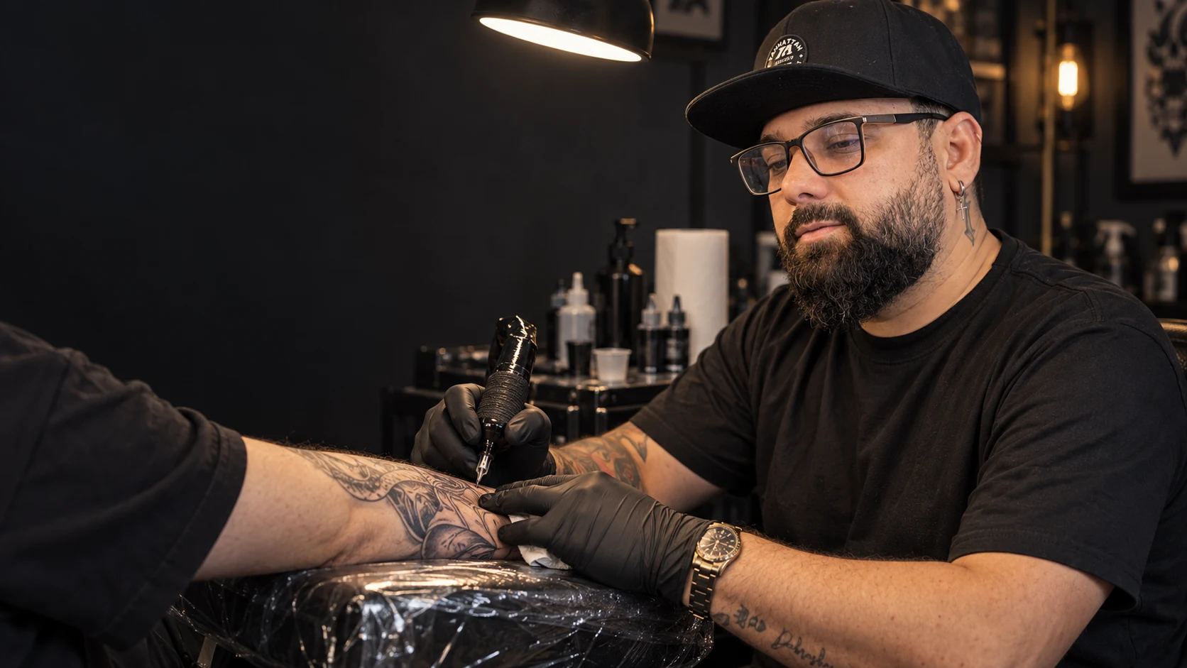 Recreación editorial de Luis Vel trabajando con una máquina de tatuar