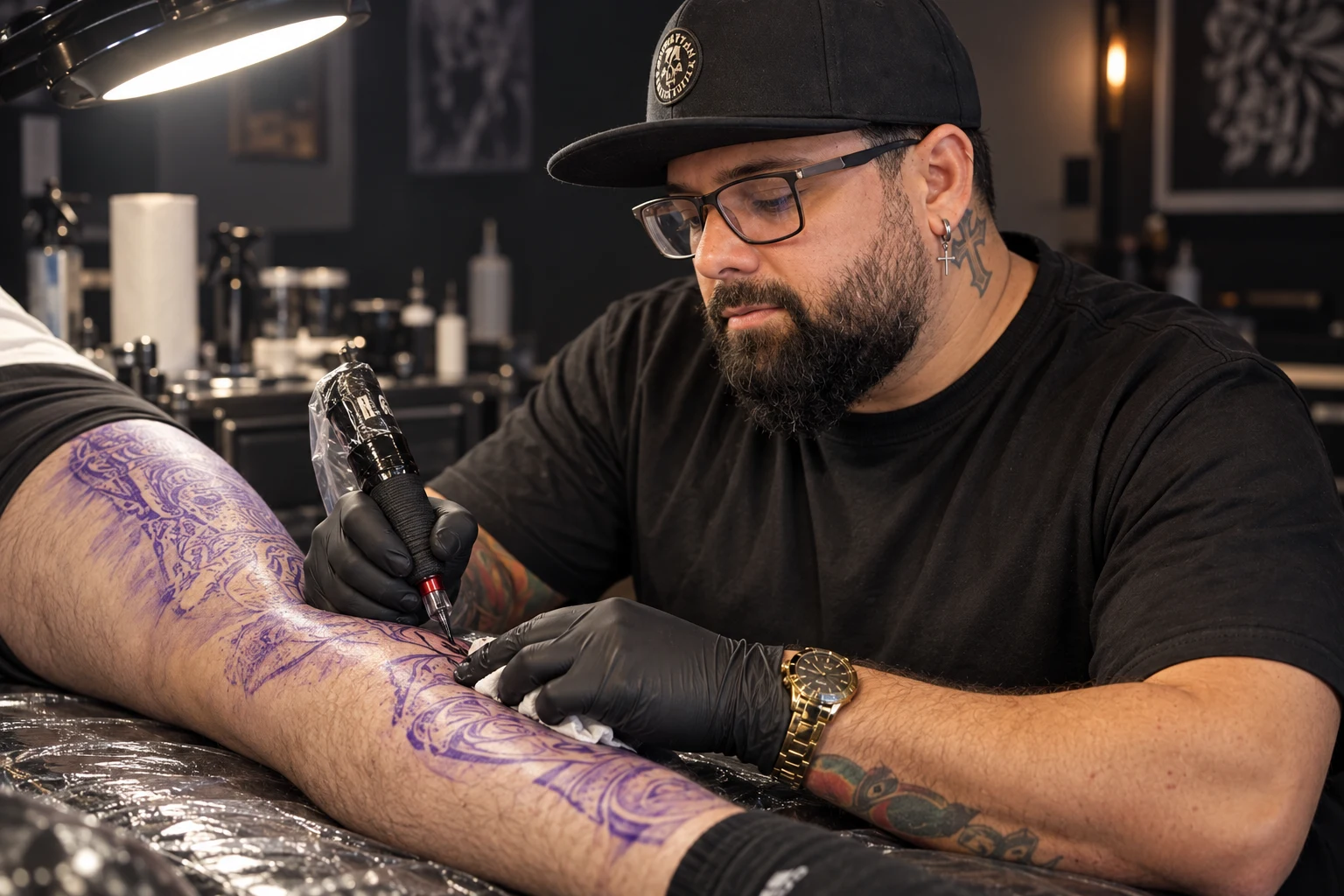 Recreación editorial de Luis tatuando una pierna